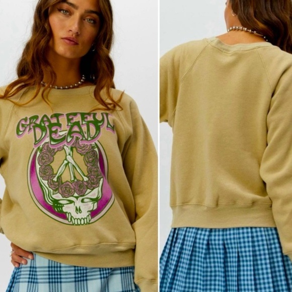 Daydreamer Grateful Dead Skull & Roses Raglan Crew Sweatshirt Khaki size S NWT